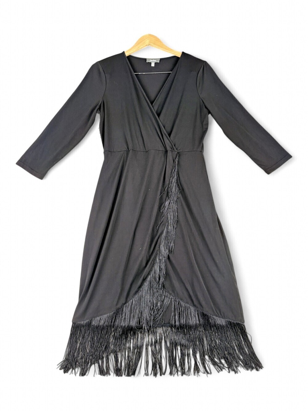 Neiman Marcus Black Fringe Wrap Midi Dress Size 8